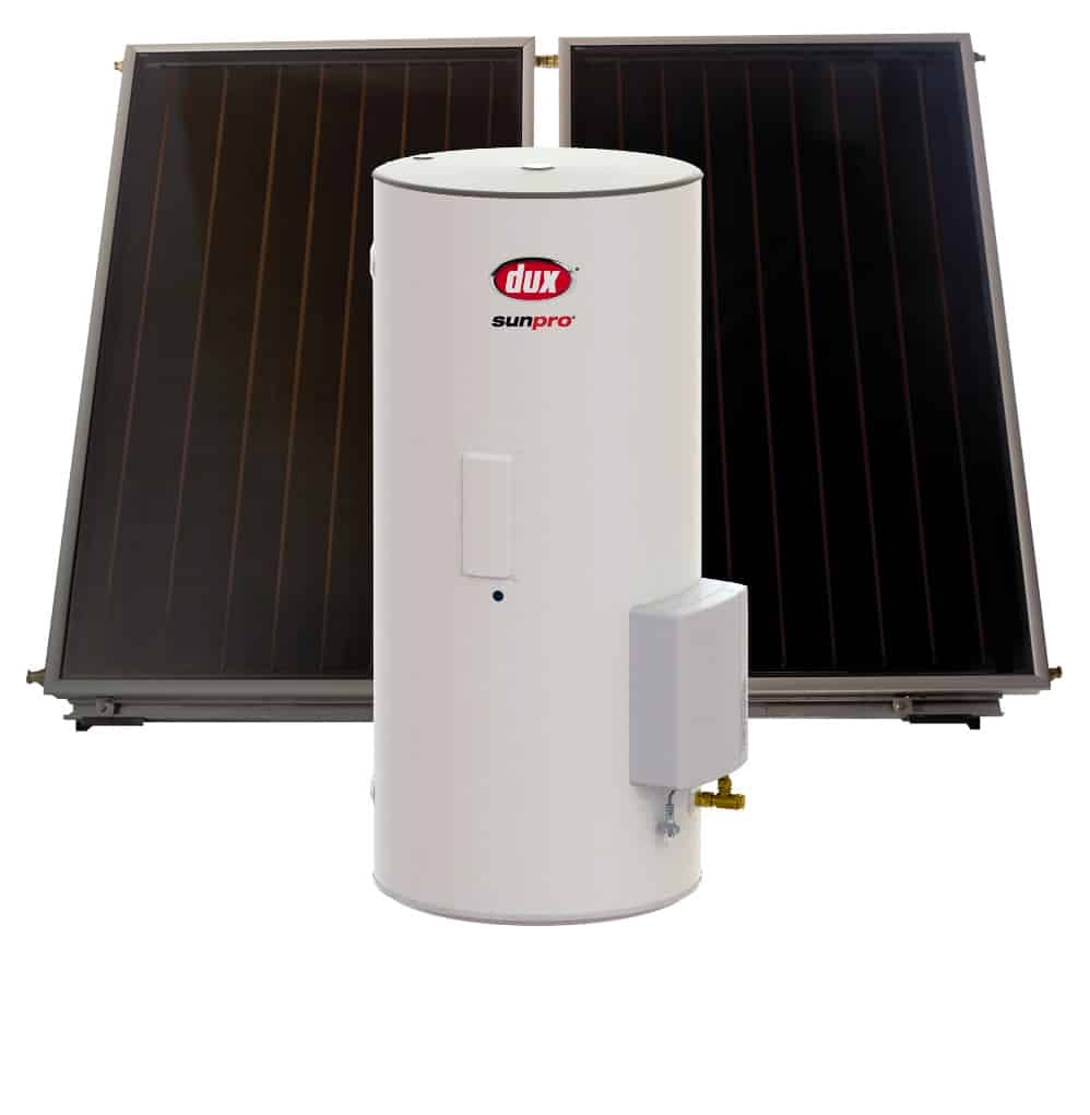 Dux » A Dux Sunpro solar hot water system featuring two flat-plate solar collectors positioned behind a white cylindrical storage tank.