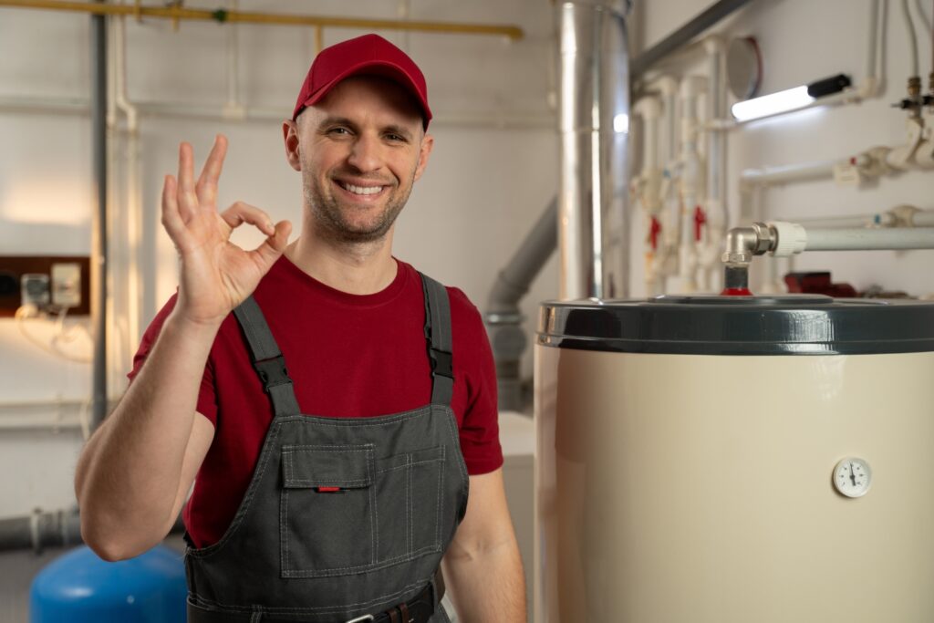 Hot Water Installation and Maintenance in East Maitland » Hot Water A smiling technician wearing a red shirt, red cap, and grey overalls gives an okay hand gesture next to a large hot water heater tank