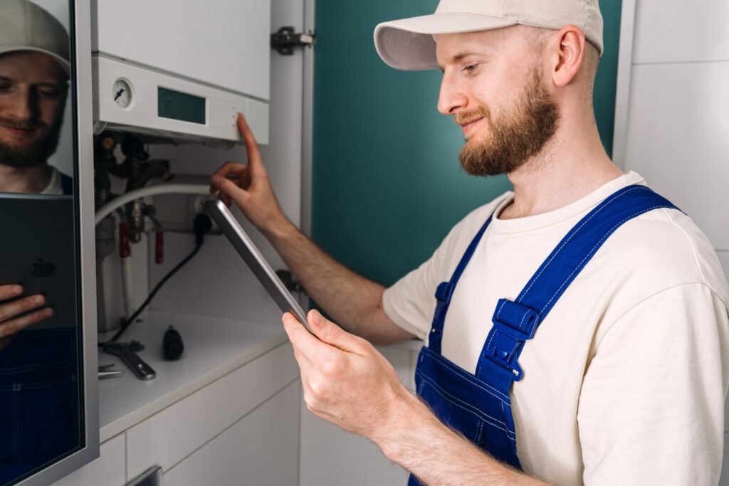 Hot Water Installation and Maintenance in Bolwarra » Hot Water A technician with a beard, wearing a cap and blue overalls, holds a digital tablet while pressing a button on a wall-mounted boiler panel.