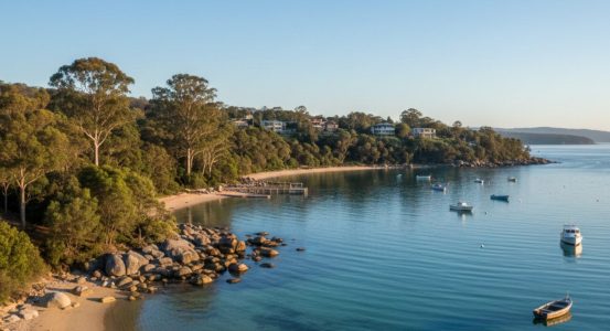 Hot Water Installation and Maintenance Horsfield Bay An elevated, wide view of a calm turquoise bay curving along a sandy beach and a rocky shoreline.