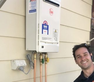 Jamie and Rheem Metro 26 five star continuous gas hot water system Jamie and Rheem Metro 26 five star continuous gas hot water system